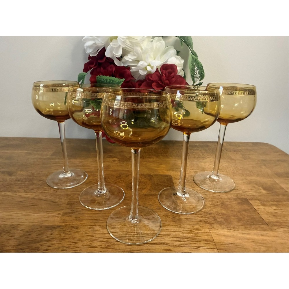 Amber Gold Rim Vintage Wine Glasses Set Mid Century Barware Holiday‎ Stemware